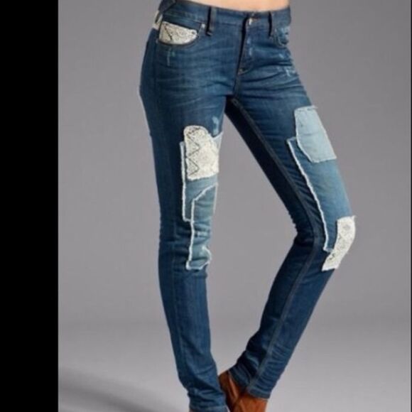 Free People Size 26 Hayes Patchwork Crochet Jeans Cottagecore Country Western - Picture 1 of 14